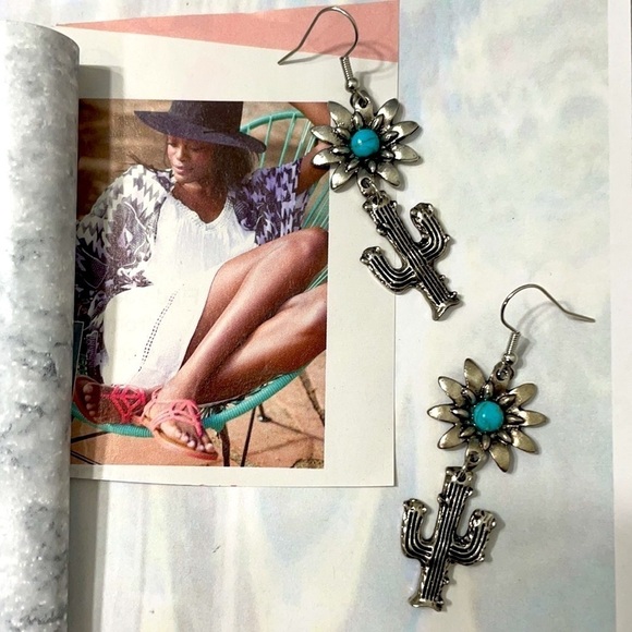 Silver Daisy Cactus Drop Earrings - Picture 7 of 14